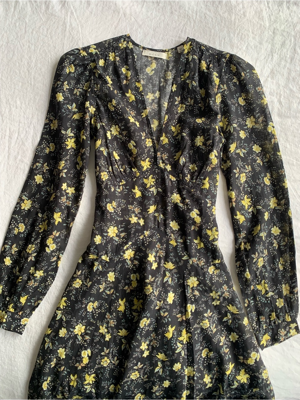 Doen Charleston Cotton V Neck Long Sleeve Maxi Dress Noir Winding Blossoms Black - Picture 8 of 12